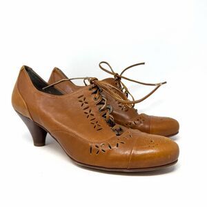 BIVIEL Women Leather Shoes Laces Heels Perforated Leather Retro Y2K Sz 8.5